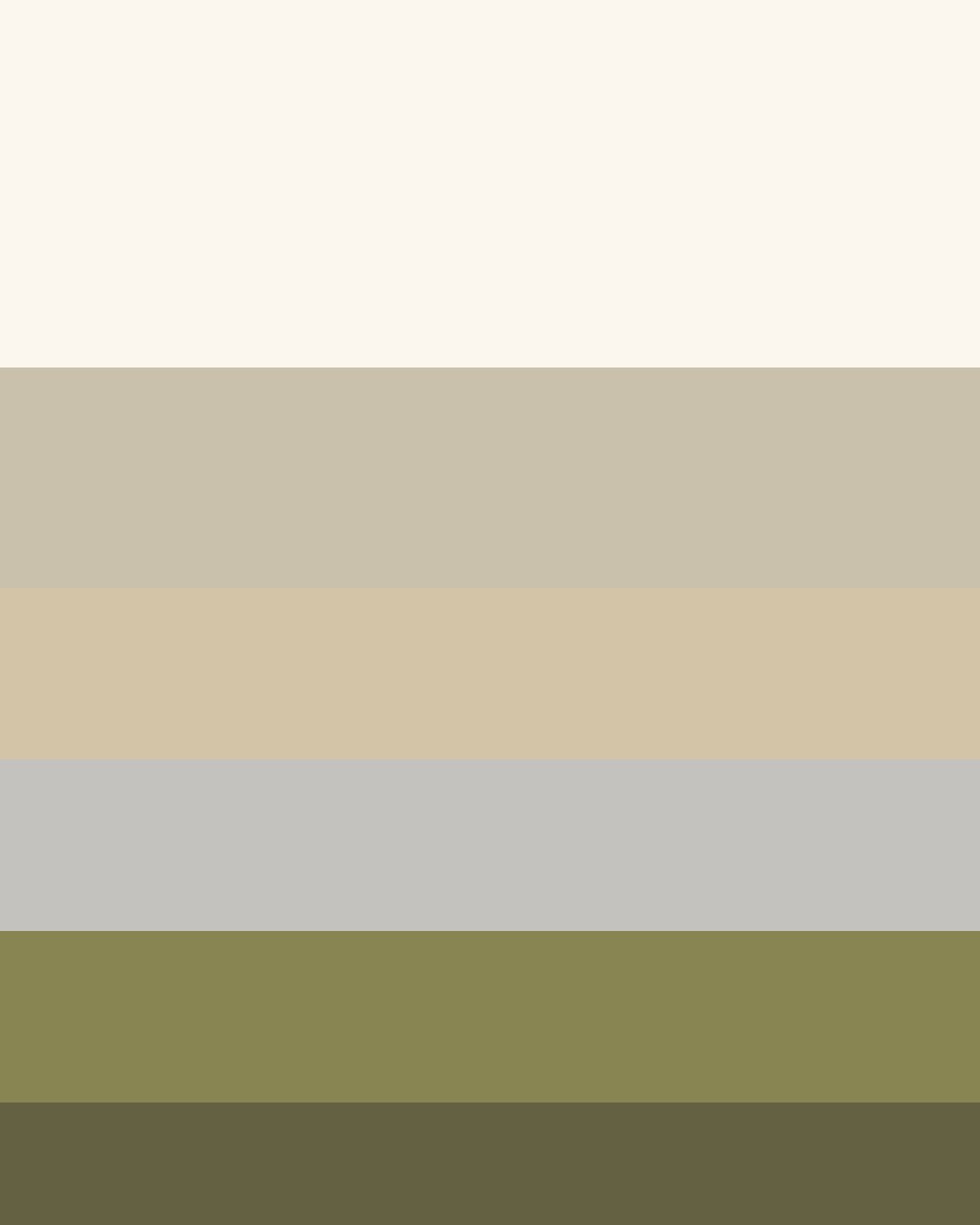 Seis bandas de color del tablero de propuesta: marfil, greige, arena, plata, salvia y un verde hoja profundo.