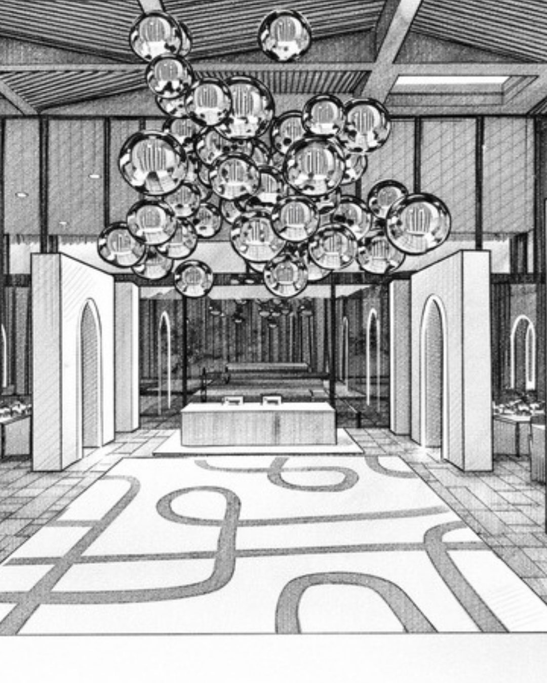 Boceto a lápiz del eje del salón: arcos blancos a cada lado, un conjunto de esferas de espejo arriba y un piso trazado con líneas curvas.